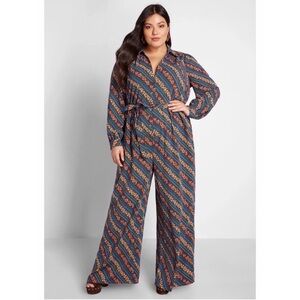 Modcloth Everything and More Wide Leg Floral Jumpsuit Teal Size 1X